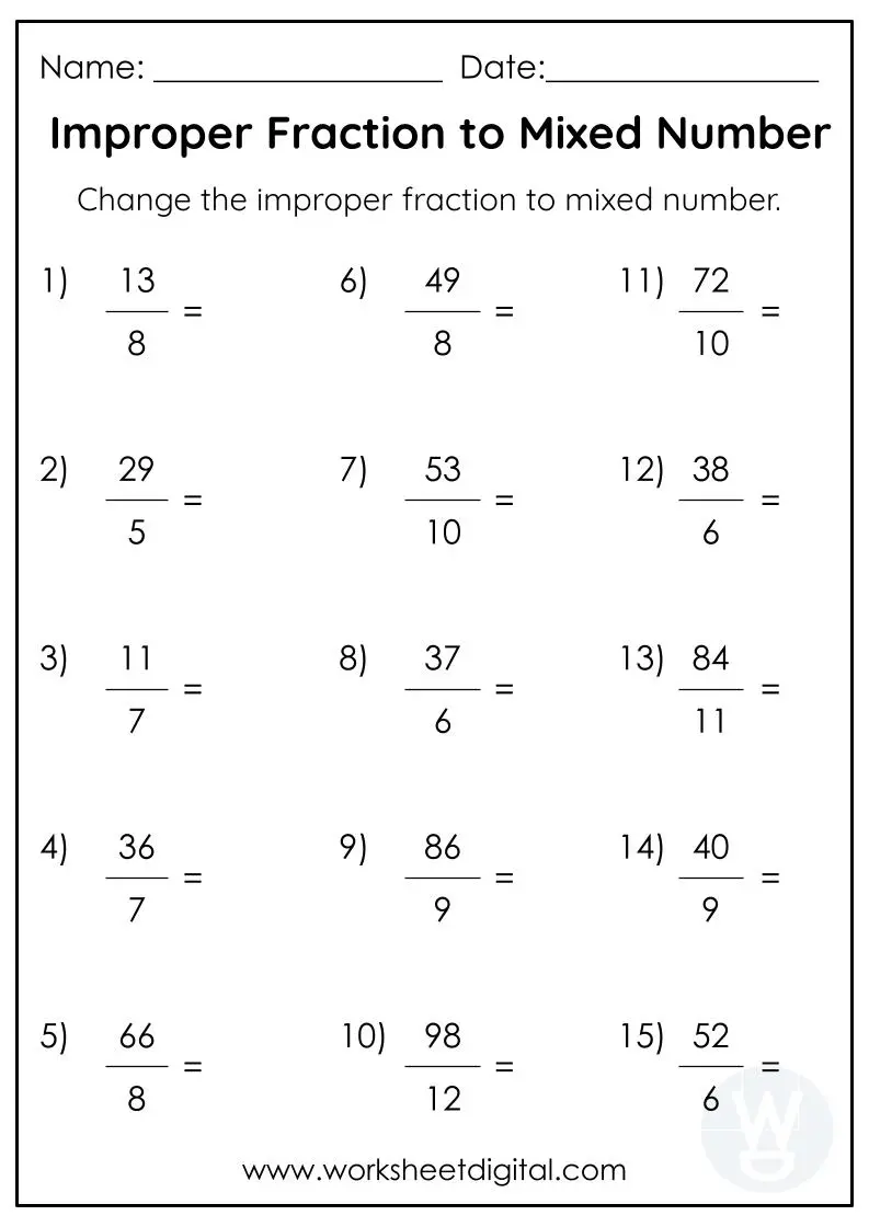 Save 60 Improper Fractions To Mixed Numbers Worksheets Ideas 1